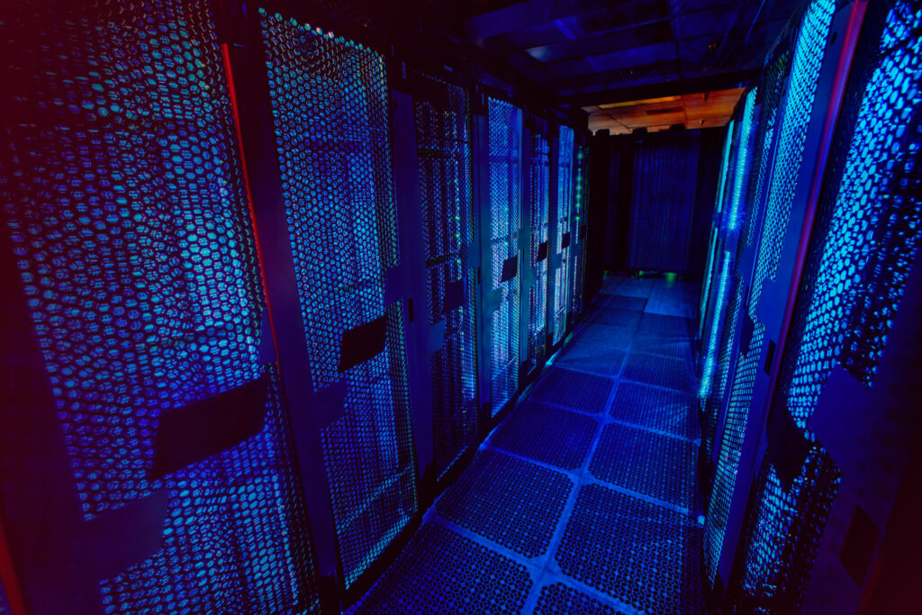 Colocation data center racks positioned close to financial exchange infrastructure for low-latency trading.