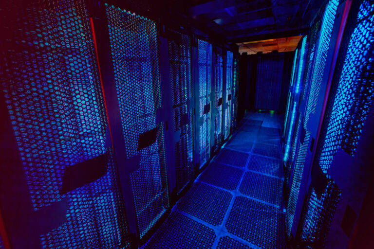 Colocation data center racks positioned close to financial exchange infrastructure for low-latency trading.